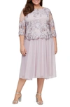 Alex Evenings Illusion Sleeve Embroidered Midi Dress In Smokey Orchid