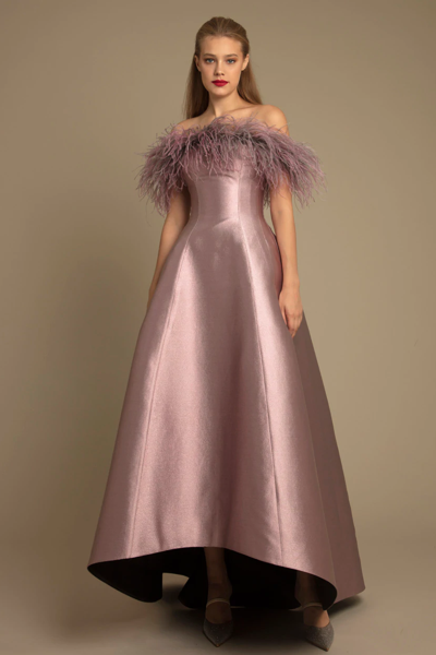 Gemy Maalouf Off Shoulder Dress With Feathers In Grey