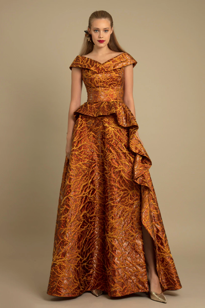 GEMY MAALOUF OVERLAPPED NECKLINE JACQUARD GOWN