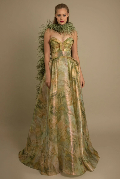 Gemy Maalouf Strapless Cut Gown With Scarf