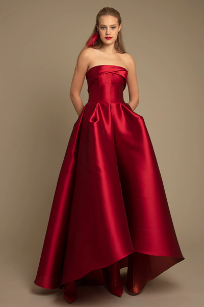 Gemy Maalouf Strapless Cut Pleated Gown In Burgundy