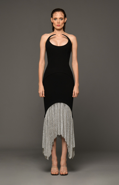 Jean Louis Sabaji Crêpe Midi With Crystal Chainmail Skirt In Black