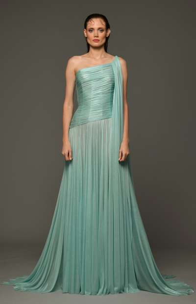 Jean Louis Sabaji Draped Silk Foiled Tulle Gown With Chain Corset