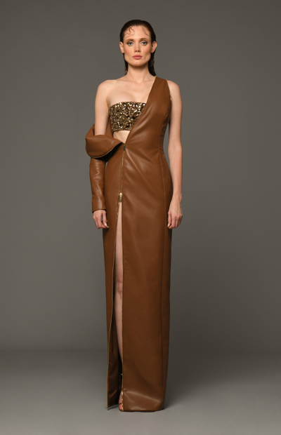 Jean Louis Sabaji Leather Gown With Crystal Crop Top