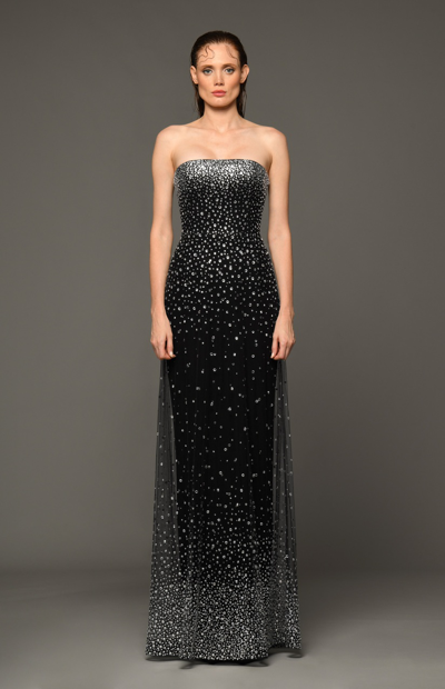 Jean Louis Sabaji Crystal-embellished Off-shoulder Maxi Dress In Black