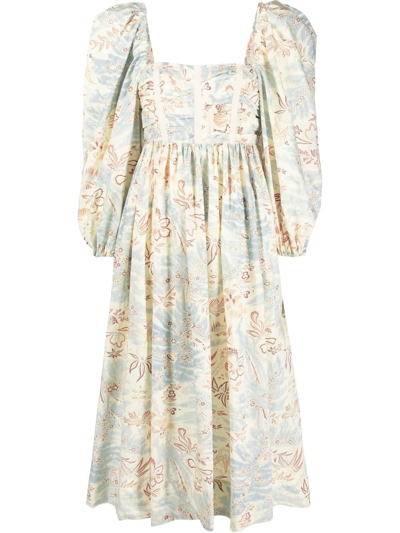 Ulla Johnson Graphic-print Square-neck Midi Dress In Blau