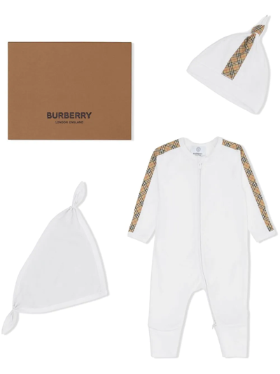 Burberry Babies' 经典格纹连体衣套装 In White