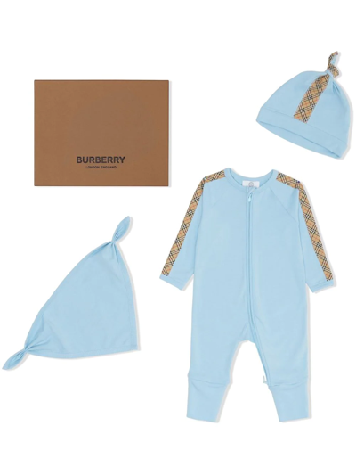 Burberry Babies' 经典格纹连体衣套装 In Blue