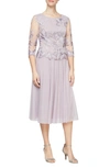 Alex Evenings Illusion Sleeve Embroidered Midi Dress In Smokey Orchid