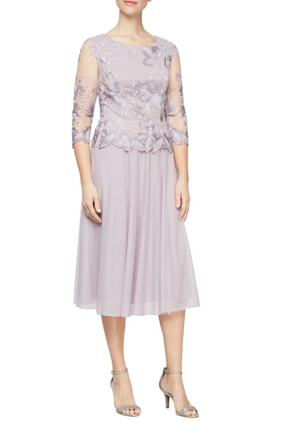 Alex Evenings Illusion Sleeve Embroidered Midi Dress In Smokey Orchid