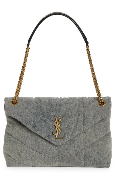 Saint Laurent Puffer Medium Ysl Denim Shoulder Bag In Denim Azur