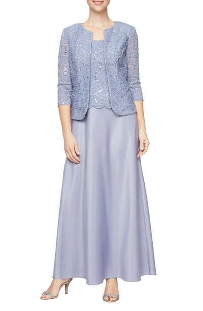 Alex Evenings Embroidered Lace Mock Two-piece Gown With Jacket In Lavender