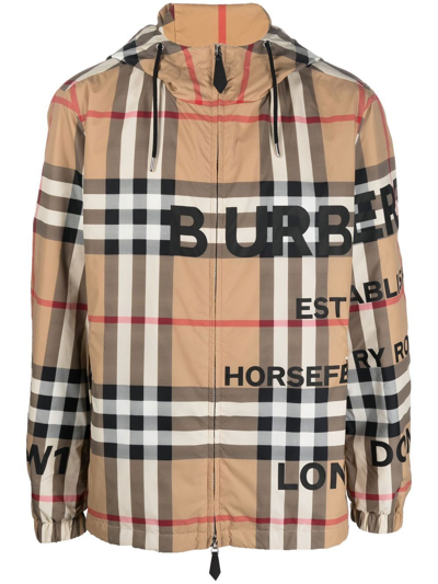 Burberry Horseferry Print Check Hooded Jacket In Beige
