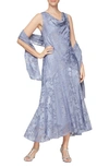 Alex Evenings Women's Cowl-neck Tea-length Dress & Shawl In Lavender