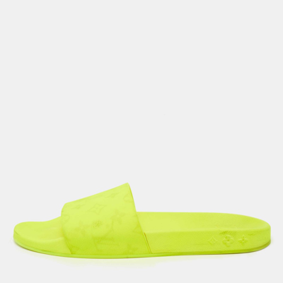 Pre-owned Louis Vuitton Neon Yellow Monogram Rubber Waterfront Flat Slides Size 44
