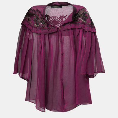 Pre-owned Roberto Cavalli Purple Silk Chiffon Embroidered Embellished Blouse S