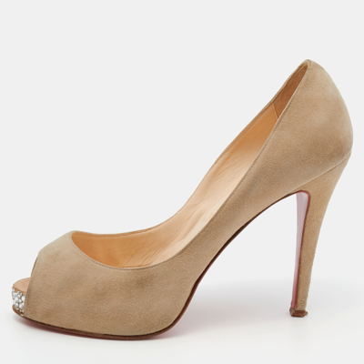 Pre-owned Christian Louboutin Beige Suede Very Prive Crystal Embellished Peep Toe Pumps Size 38.5