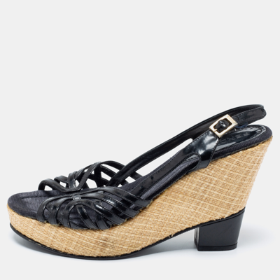 Pre-owned Fendi Black Patent Leather Platform Wedge Heel Slingback Sandals Size 37