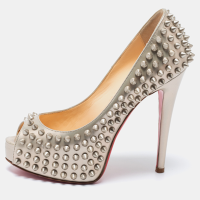 Pre-owned Christian Louboutin Grey Patent Leather Lady Peep Toe Spikes Platform Pumps Size 34