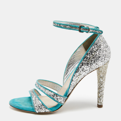 Pre-owned Miu Miu Silver/blue Coarse Glitter And Suede Trims Open Toe Ankle Strap Sandal Size 35