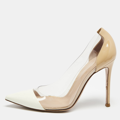 Pre-owned Gianvito Rossi Beige/white Patent Leather And Pvc Plexi Pointed Toe Pumps Size 38