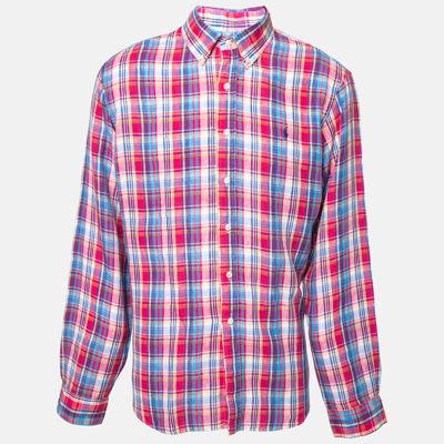 Pre-owned Ralph Lauren Pink Checked Linen Button Down Shirt Xl