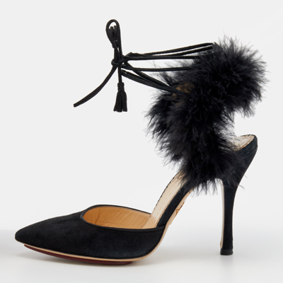 Pre-owned Charlotte Olympia Black Ostrich Feather And Suede Sandals Size 36