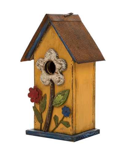 Glitzhome Distressed Solid Wood Birdhouse With Flower In Yellow