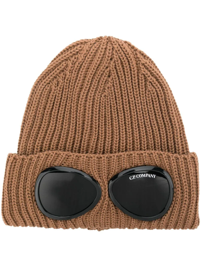 C.p. Company Bronze Goggle Ribbed-knit Beanie In Brown