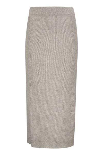 Brunello Cucinelli Lightweight Wool, Cashmere And Silk Rib Knit Pencil Skirt In Grey