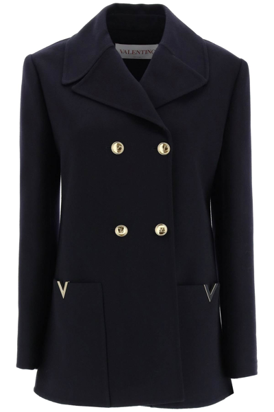 Valentino Peacoat Coat In Wool And Cashmere In Blue