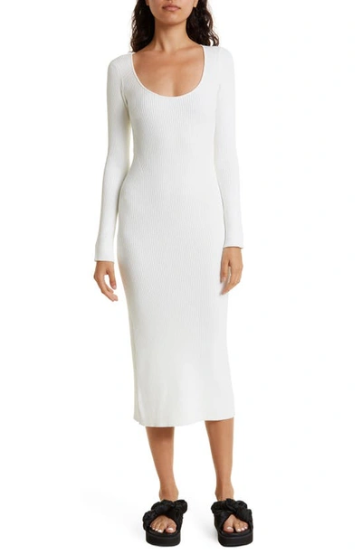 Ganni Melange Knit Scoop Neck Bodycon Midi Dress In Egret