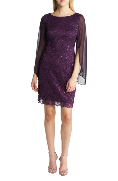 Connected Apparel Cape Long Sleeve Lace Cocktail Dress In Aubergine