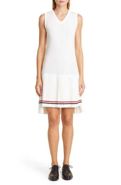 Thom Browne Dropped Waist Cotton Knit Tennis Dress In White