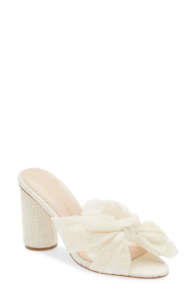 Loeffler Randall Penny Bow-embellished Plissé-lamé Mules In Pearl Broderie