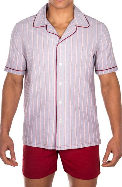 Prince And Bond Luka Stripe Short Sleeve Seersucker Button-up Camp Shirt In Gray/burgundy