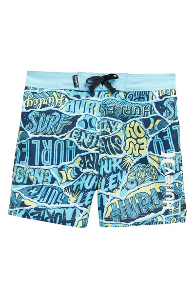 Hurley Kids' Ripped Sticker Swim Trunks In Blue Gaze