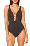 Bleu By Rod Beattie Kore Lace Down Mio One-piece Swimsuit In Black/ Rose Gold