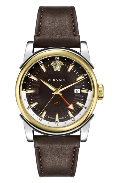 Versace Gmt Vintage Leather Strap Watch, 42mm In Gold