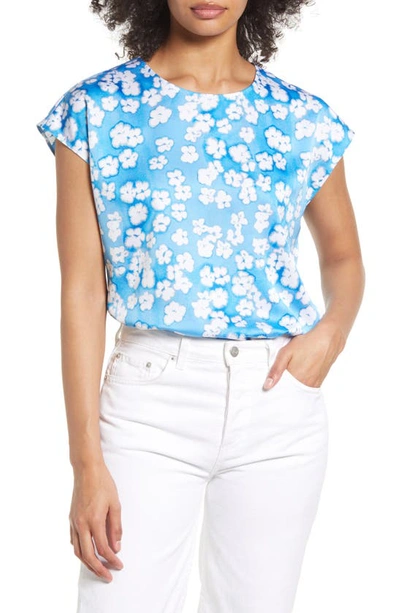 Halogen Cap Sleeve Satin Blouse In Blue- White Sun Dye Blooms