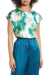 Halogen Cap Sleeve Satin Blouse In Green Multi Wax Melt