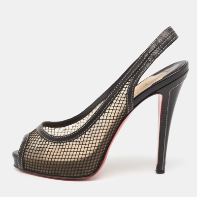 Pre-owned Christian Louboutin Black Fishnet And Leather Canne A Peche Slingback Peep-toe Pumps Size 38