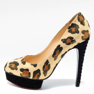 Pre-owned Charlotte Olympia Gold Leopard Print Glitter Suede Dolly Pumps Size 39 In Brown