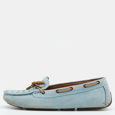 Pre-owned Bottega Veneta Blue Intrecciato Suede Bow Slip On Loafers Size 36