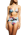 PATBO HIBISCUS RUFFLED HIGH-WAIST BIKINI BOTTOMS