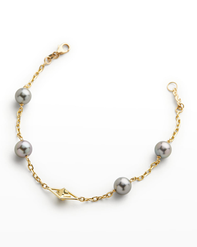 Pearls By Shari 18k Yellow Gold 8mm Gray Tahitian 4-pearl And Cube Bracelet, 7"l