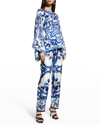 Dolce & Gabbana Silk Twill Pants With Majolica Print In Naturalwhi