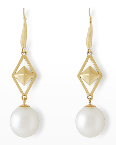 Pearls By Shari 18k Yellow Gold Cube And 10mm South Sea Pearl Hook Earrings