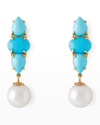 PEARLS BY SHARI 18K YELLOW GOLD OVAL AND PEAR-CUT TURQUOISE WITH 8.5MM AKOYA PEARL DROP EARRINGS