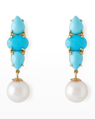 Pearls By Shari 18k Yellow Gold Oval And Pear-cut Turquoise With 8.5mm Akoya Pearl Drop Earrings